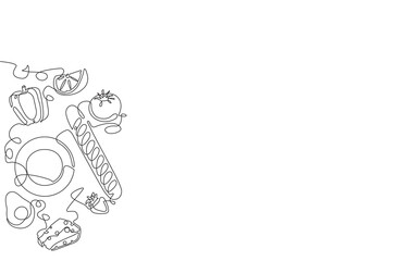 Food. Continuous line drawing illustration on cooking theme with empty space for text. Vector frame.	