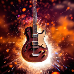 A black guitar in a blazing scene sparks flying
