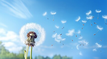 dandelion seeds drifting in the breeze under a clear blue sky