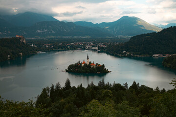Famous alpine Bled lake (Blejsko jezero) in Slovenia, aerial view