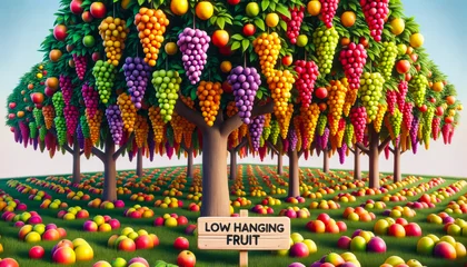 Fotobehang Vibrant Orchard Signpost: Emphasizing Easy Wins with Low Hanging Fruit © Bartek