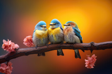 birds laying on a flower branch with blurred background