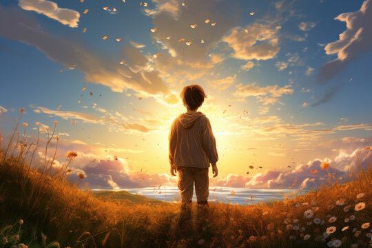  a portrait of a boy in a field looking up at the sun