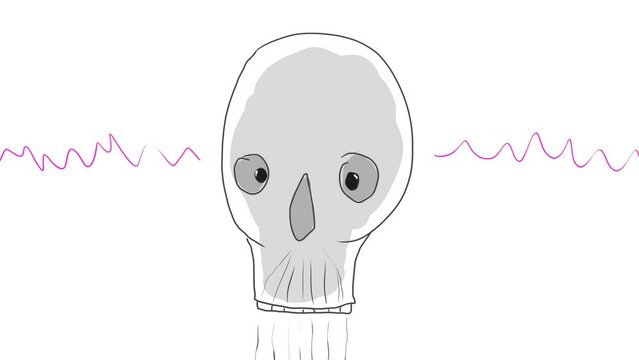 The cartoon skull moves its eyes back and forth. Electric charges or lightning strike the sides of the head.