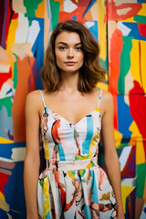 Slim young woman in multicolored dress standing on colored background.