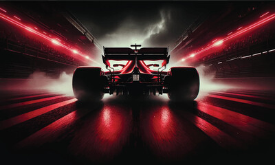 Illustration ESP, A thrilling rear view of a red Formula 1 car on a high-speed racetrack, designed to capture the essence of speed and excitement.