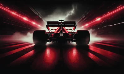 Naadloos Fotobehang Airtex Illustration ESP, A thrilling rear view of a red Formula 1 car on a high-speed racetrack, designed to capture the essence of speed and excitement. © te