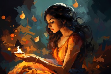 Indian woman celebrating Diwali expressive dynamic illustration in warm colors - generative ai