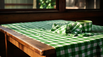 Fototapeta na wymiar Wooden table with a green and white checkered cloth