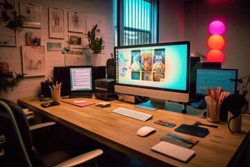 A designer's desk with a computer, designer's working table