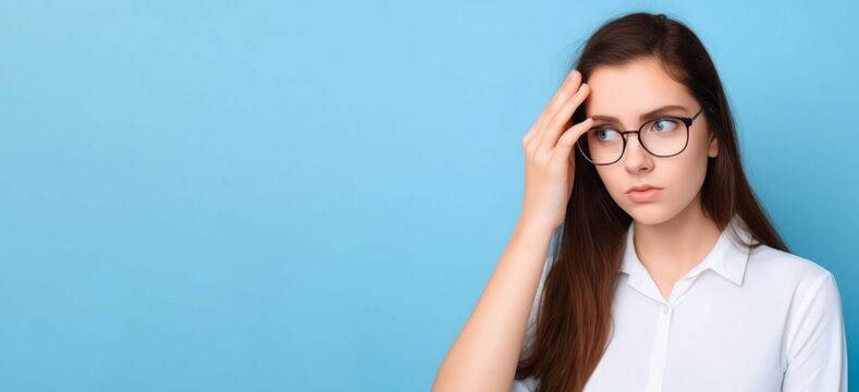 Young woman vision problem wearing glasses banner. Trouble eye care of girl. Generate Ai