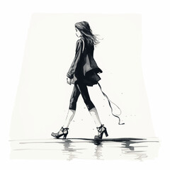 Illustration simple black and doodle of woman walking down the on white background.
