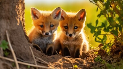 Fototapeta premium Two red fox, cubs looking around near den on a sunny day in summer. Generative AI