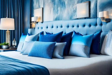 Blue pillows on bed. French country interior design of modern bedroom - obrazy, fototapety, plakaty