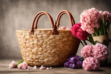 Fototapeta na wymiar beautiful straw bag with seasonal flowers