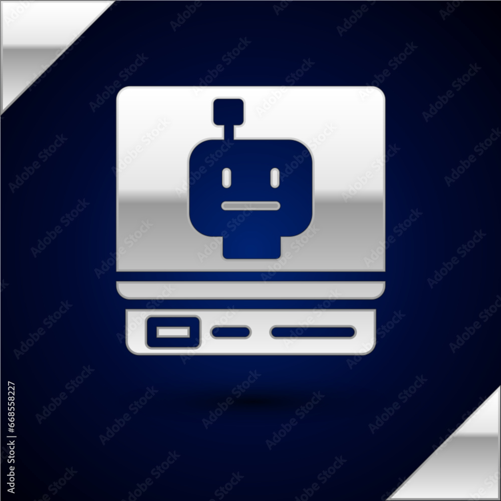 Poster silver robot icon isolated on dark blue background. artificial intelligence, machine learning, cloud