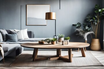 Rustic round wood table near sofa with grey pillows. Scandinavian home interior design of modern living room