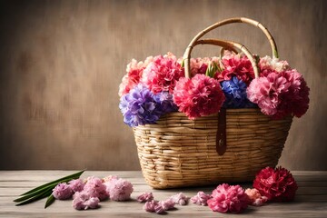 Fototapeta na wymiar beautiful straw bag with seasonal flowers