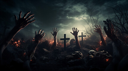 Zombie Hand Rising Out Of A Graveyard In Spooky Night - Powered by Adobe