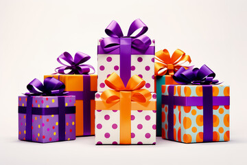 Fototapeta premium Clipart various-sized boxes wrapped in vibrant papers on white background.