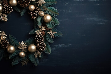 minimalistic blue background with christmas wreath with empty copy space 