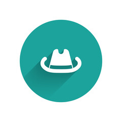 White Western cowboy hat icon isolated with long shadow background. Green circle button. Vector