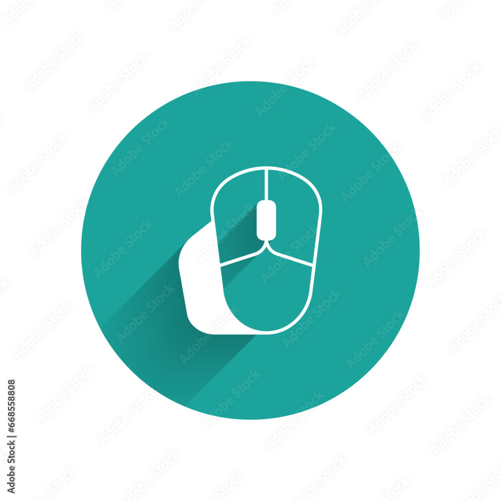 Poster white computer mouse icon isolated with long shadow background. optical with wheel symbol. green cir