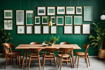 Wooden dining table and chairs against green wall with frames. Scandinavian, mid-century interior design of modern dining room