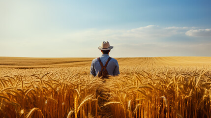 Farmer checking his crop wheat field. Rear view.