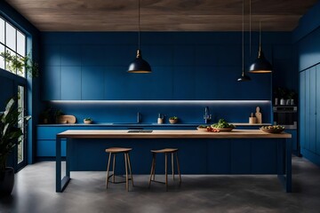 Mockup dark blue wall in kitchen and minimalist interior design - obrazy, fototapety, plakaty
