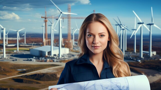 Professional woman engineer in sustainable energy project. Female leading project manager with leadership skills in the engineering field. Break stereotypes and modern woman empowerment. Green power.