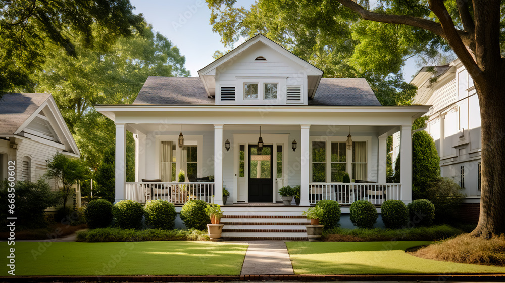 Wall mural Southern home with inviting front porch and expensive kind. A typical American home.