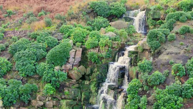 Awe-inspiring Yorkshire Moors waterfall, aerial footage depicts water cascading over rocks into a deep blue pool with hikers.