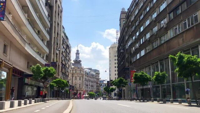 City street with bike lane. Victory avenue. Urban setting. Bucharest, Romania.