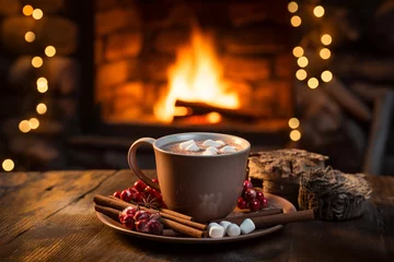 Schilderijen op glas A mug of hot chocolate or coffee by the Christmas fireplace. © erika8213