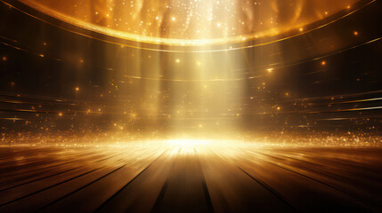 Emty golden stage with golden dust and rays as wallpaper background illustration