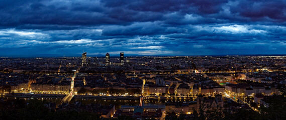 Panorama of night skyline of Lyon from Fourviere hill, early morning before sunrise, France