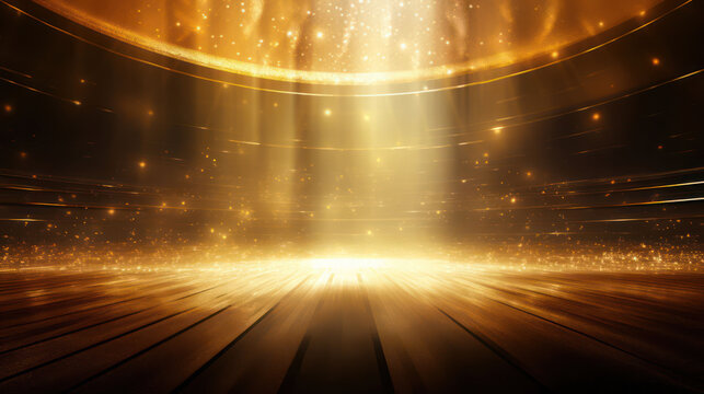 Emty golden stage with golden dust and rays as wallpaper background illustration