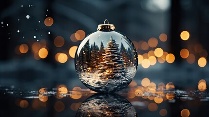 Snow Ball With Christmas Tree In It And Lights On Winter Background. Christmas snow globe. Generative AI