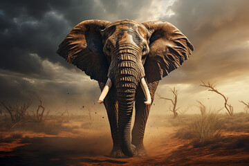 Elephant under storm clouds, sky with dramatic lighting