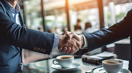 Fototapeta na wymiar Business shaking hands, finishing up meeting. Successful businessmen handshaking after good deal. Beautiful style illustration. Generative AI