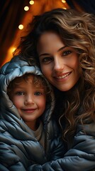 Smile, selfie and mother with child on a bed hug, love and bonding in their home together. Portrait, embrace or woman with son in bedroom waking up. People portrait illustration. Generative AI