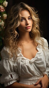 Blonde girl with perfect makeup. Smiling beautiful model woman with long curly hairstyle. Care and beauty hair products. Model in white festive dress. Model illustration. Generative AI