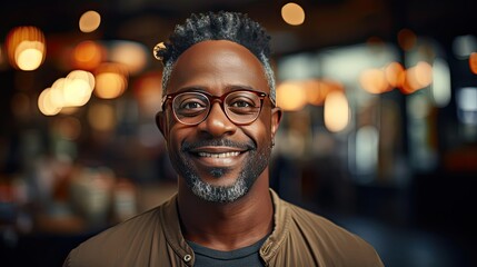 Obraz premium Smiling mature man wearing spectacles looking at camera. Portrait of black confident man at home. Man portrait illustration. Generative AI