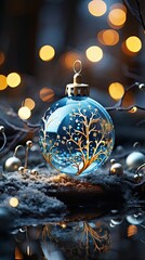 Glass ball on blue background, glass globe ball. Christmas snow globe. Generative AI