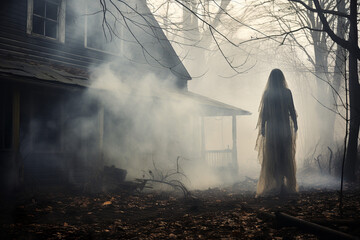 Ghostly woman near an abandoned house in a spooky forest with fog. - obrazy, fototapety, plakaty