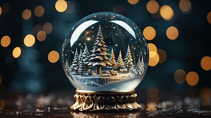 Fototapeta na wymiar Shiny Christmas Tree In Snow Globe On Snow. Christmas snow globe. Generative AI