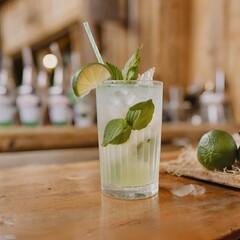 a mojito cocktail with a natural straw in it sitting on a reclaimed wood table in a bar. Generative AI