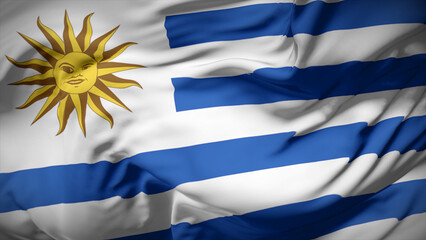 Fototapeta premium 3d illustration flag of Uruguay. Close up waving flag of Uruguay.