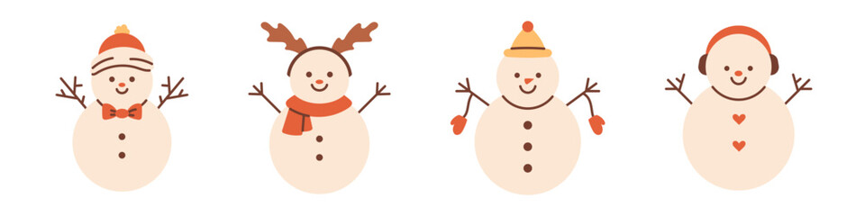 Vector smiling snowman set. Christmas funny snowman characters. Collection of cute winter snowman wearing hat and scarf.
